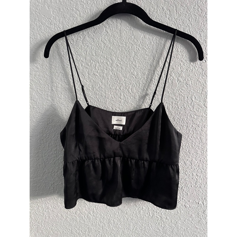 Wilfred Lover Satin Camisole Black V-Neck Peplum Crop Top Size S 94488